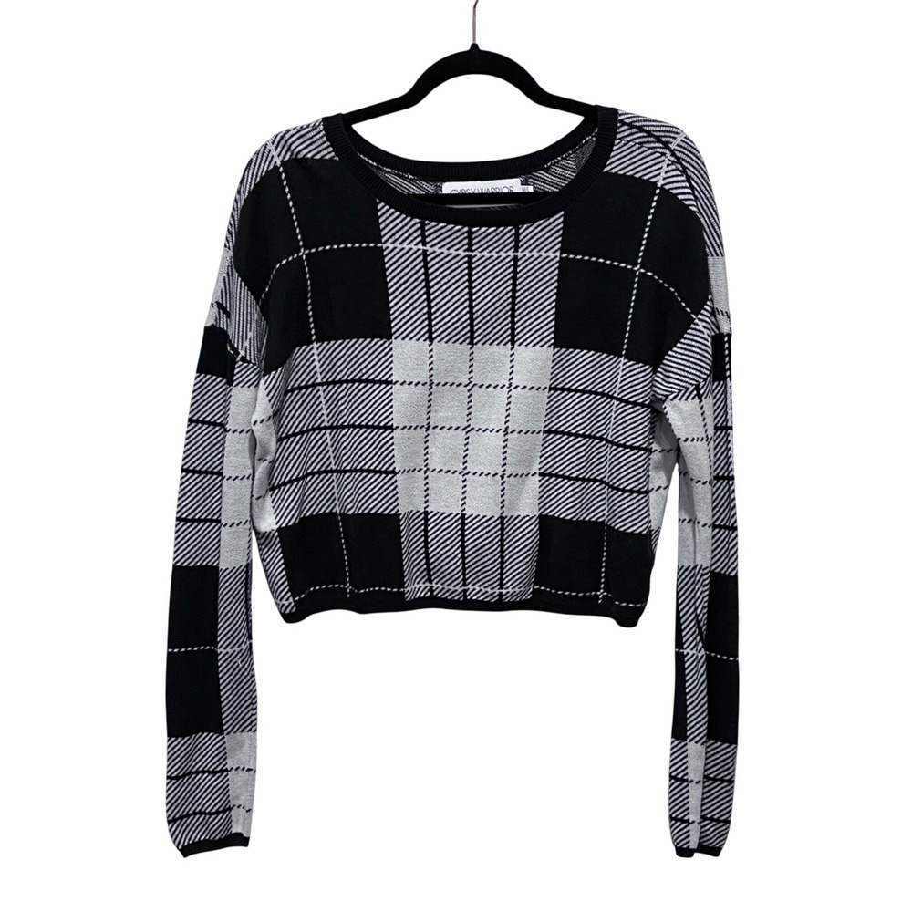 Gypsy Warrior Black White Plaid Cropped Sweater Knit Long Sleeve Medium